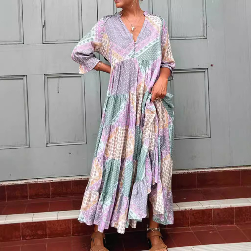 V-Neck Colorblock Casual Loose Long Dress