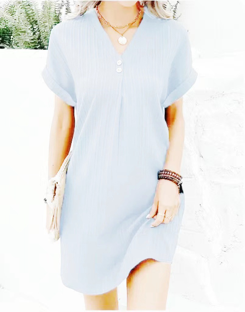 Women's Solid Short Sleeve V-Neck Button Midi A-Line Dress