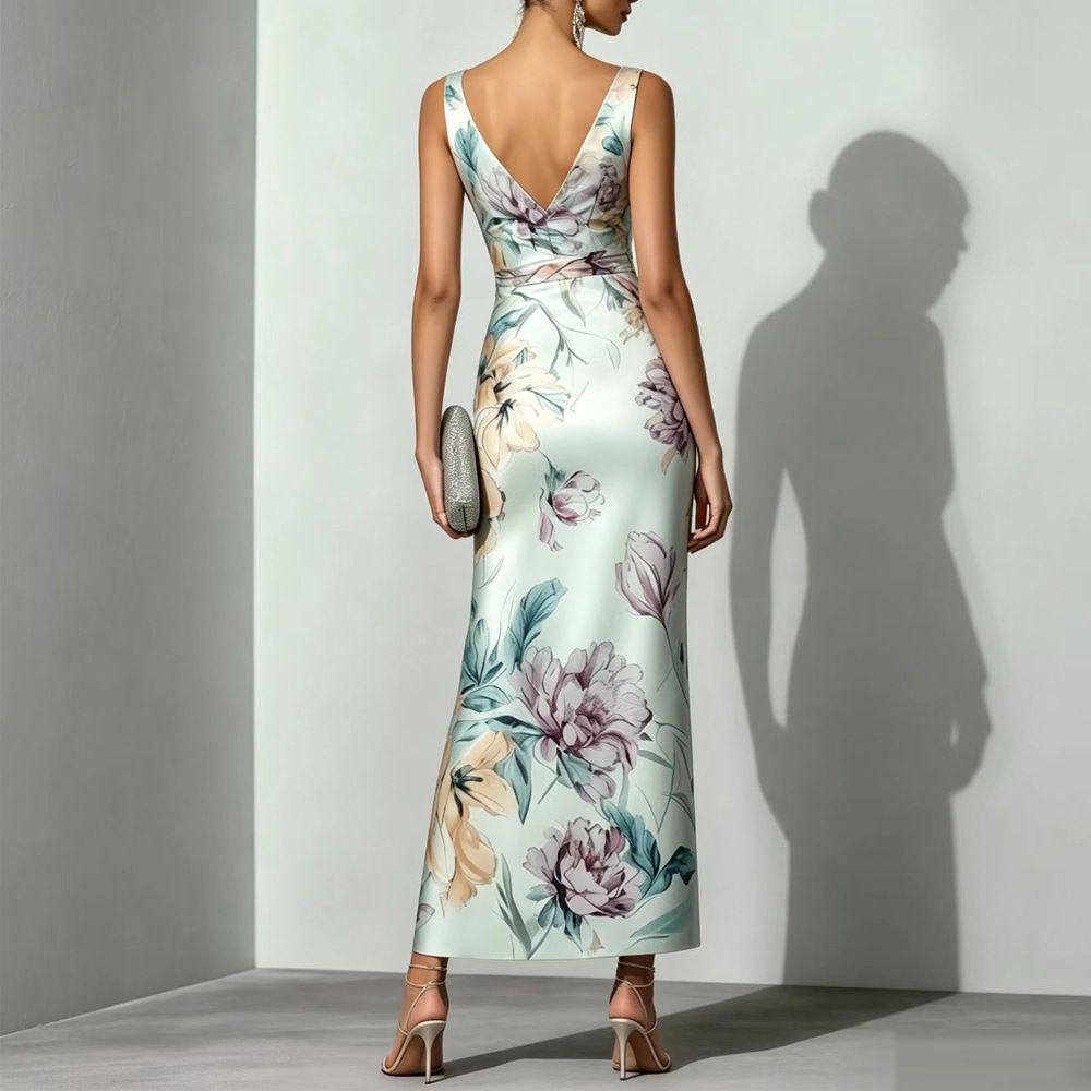 Slimming High-Waist Floral Print Bodycon Backless Maxi Dress