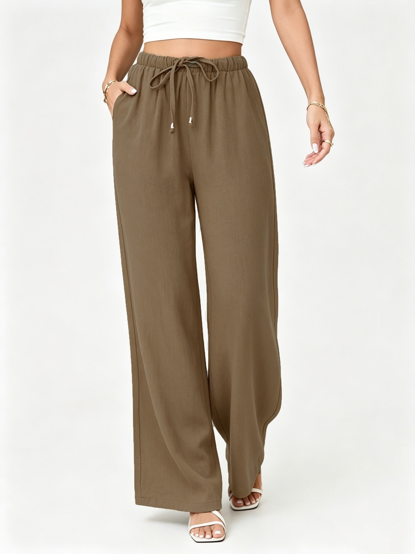 Women's Linen-Blend Drawstring High-Waist Wide-Leg Pants