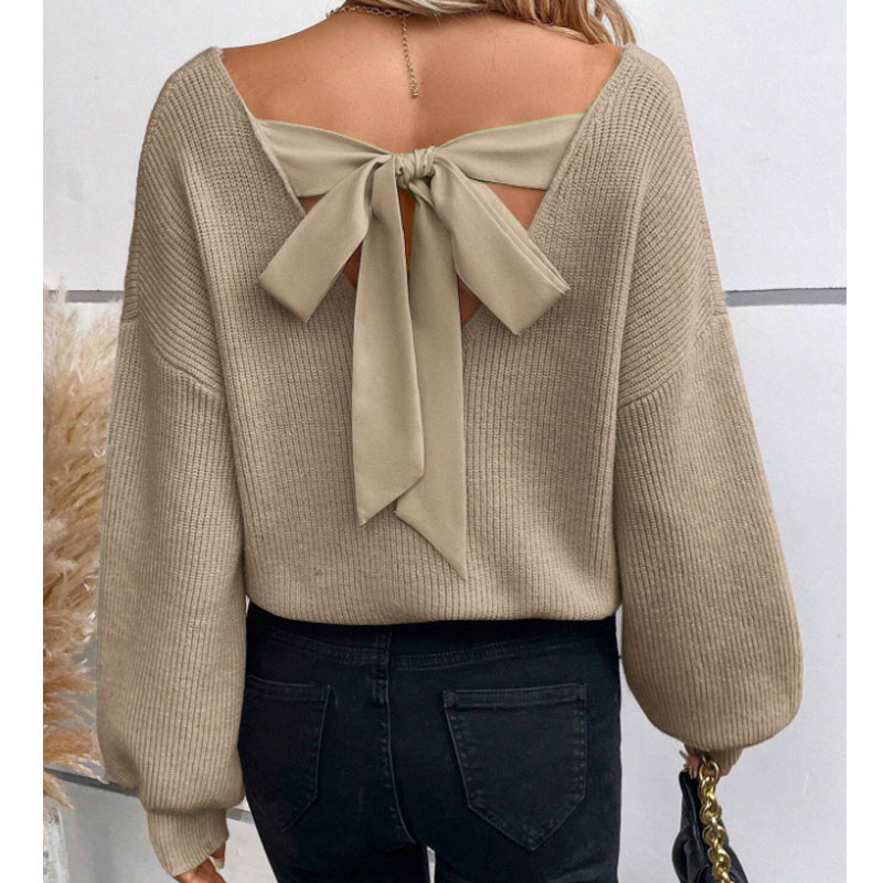 V-Neck Bow Knit Sweater Women's Long Sleeve Loose Fit