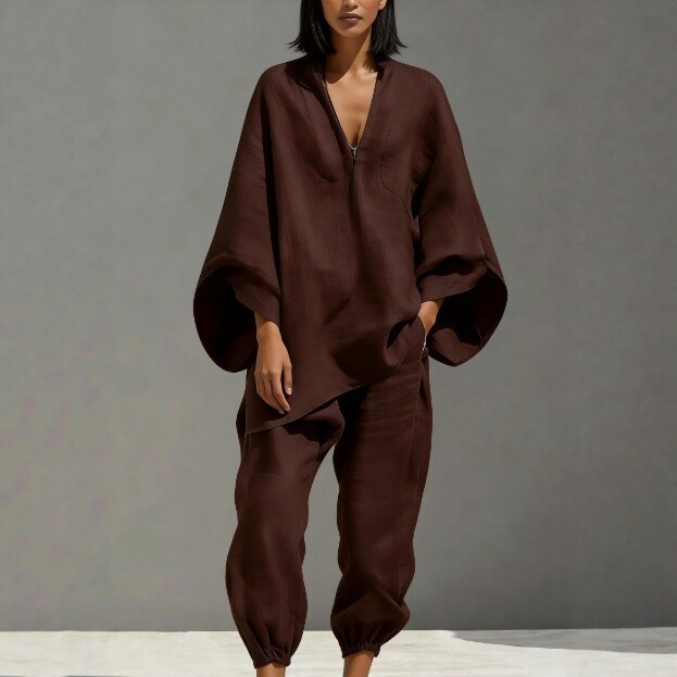 Women's Deep V-Neck Batwing Sleeve Loose Casual Two-Piece Set