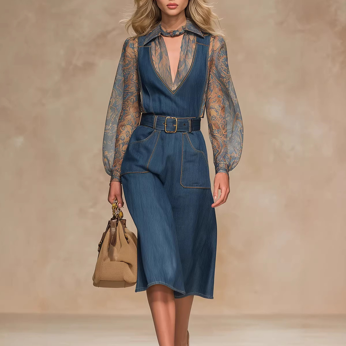 Blue Denim Overall Dress High Waist Wide Leg Jumpsuit with Pockets