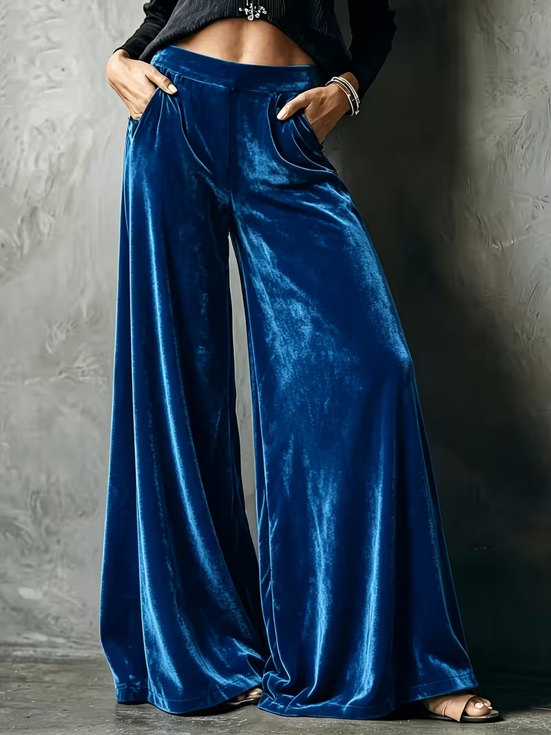 Solid Velvet High-Waist Wide-Leg Pants with Pockets