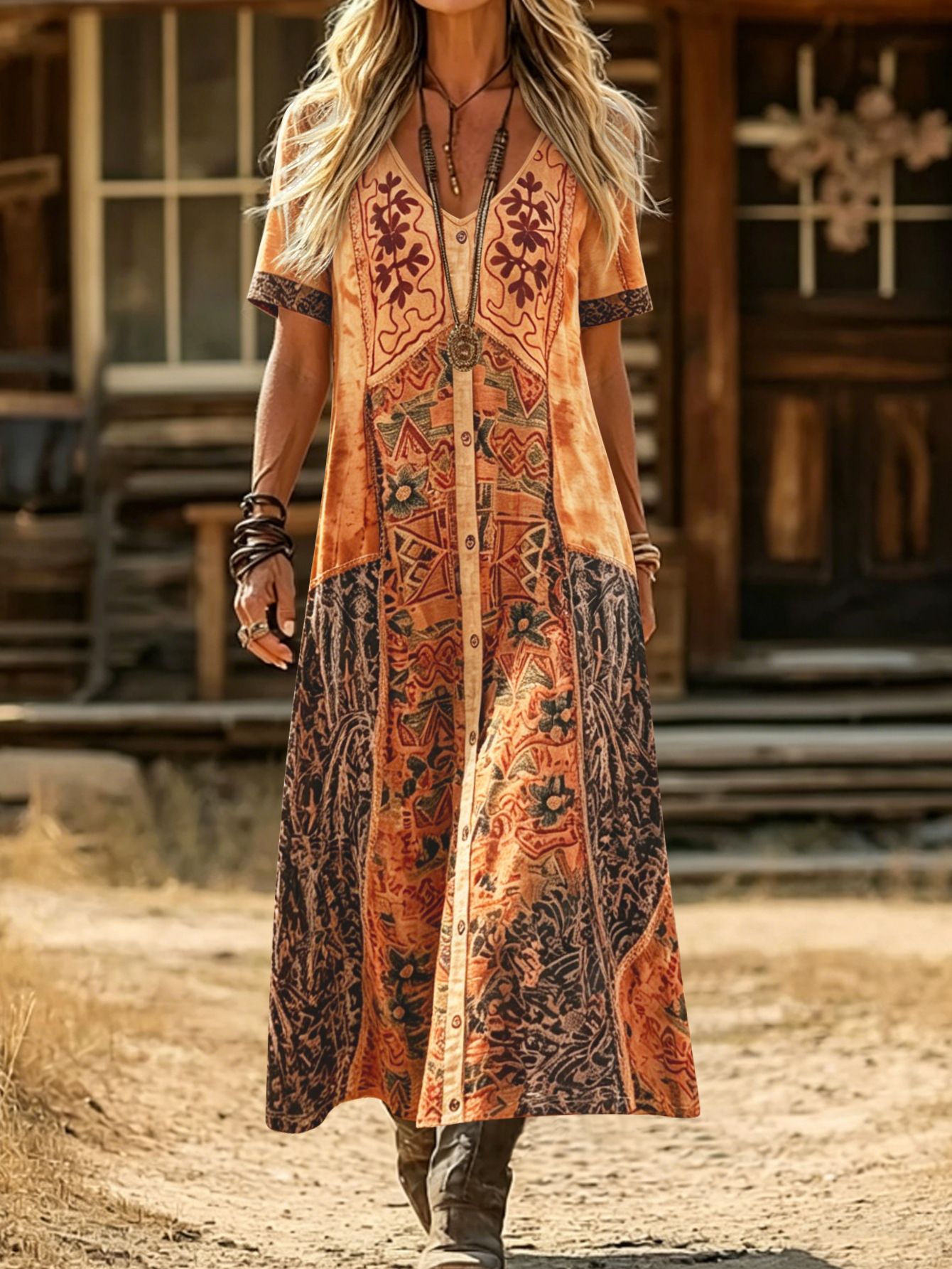 Bohemian Geometric Print V-Neck Button A-Line Midi Dress