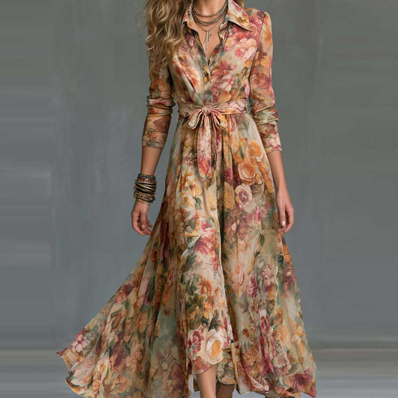 Women's Long Sleeve Floral Print A-Line Dress with Polo Collar and Tie Belt