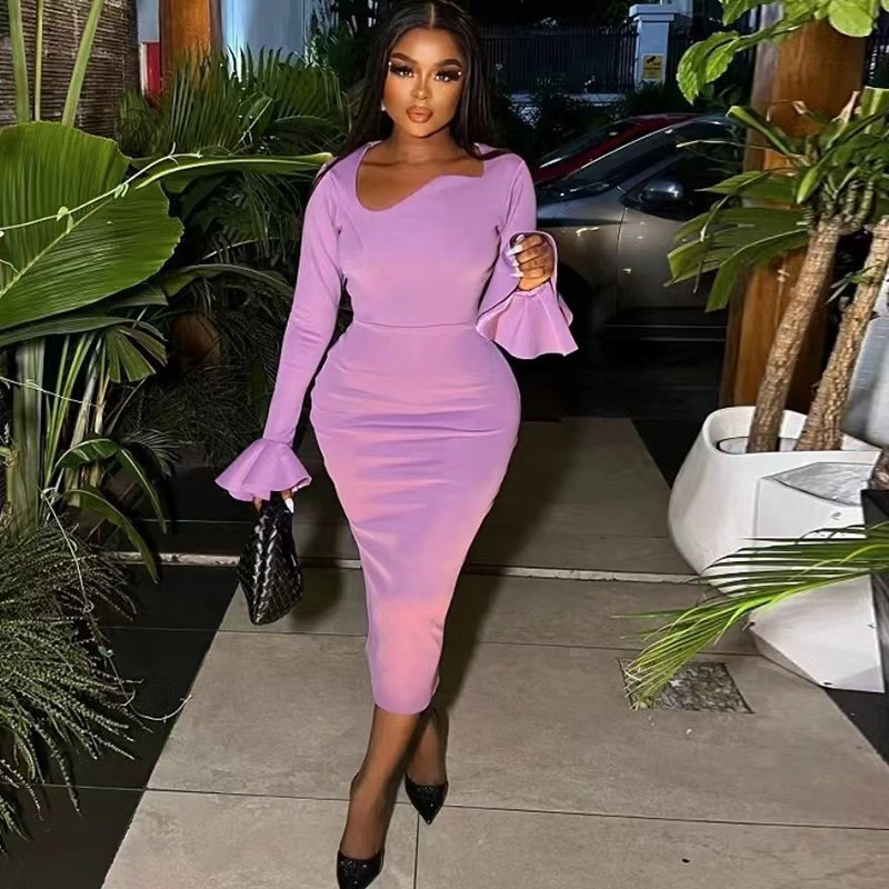 Solid Color Mermaid Dress with Flared Sleeves and Slit