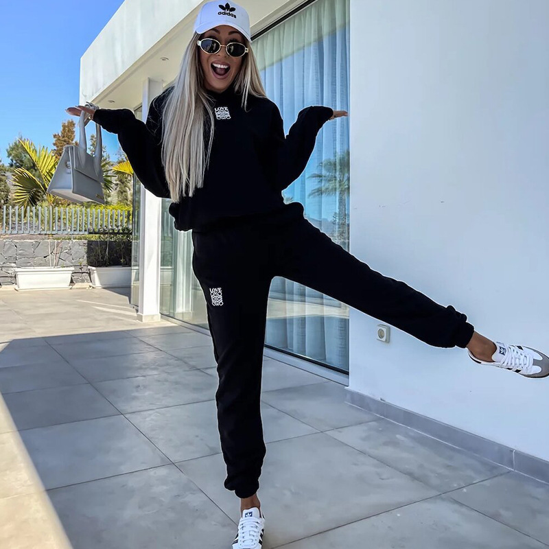 Casual Hooded Sweatshirt and Pants Set with Pockets, Solid Color