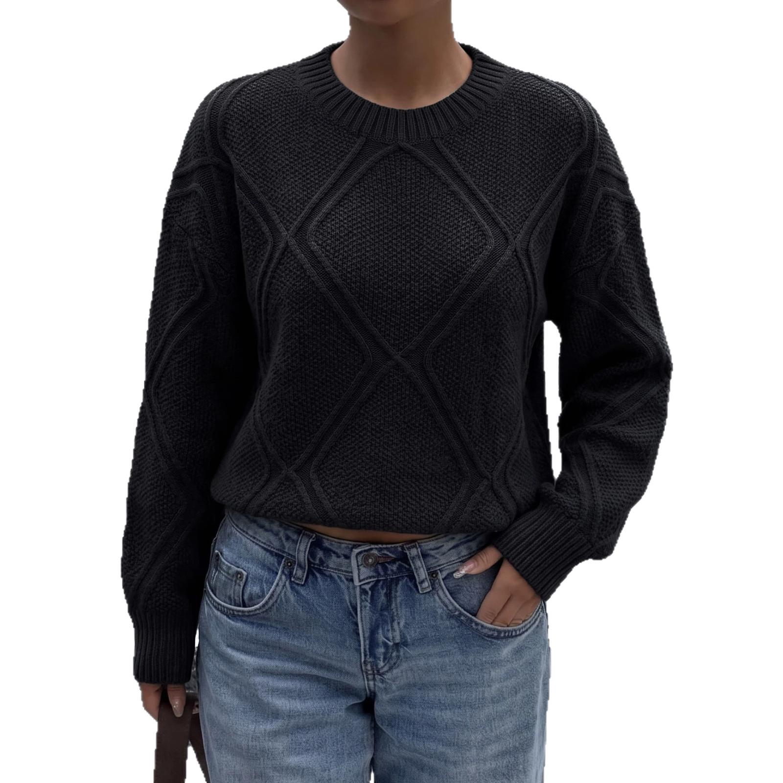 Women's Loose Fit Diamond Pattern Pullover Knit Sweater