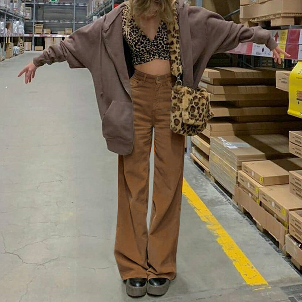 Women's Corduroy High-Waist Straight-Leg Pants Solid Color Slimming Casual Trousers