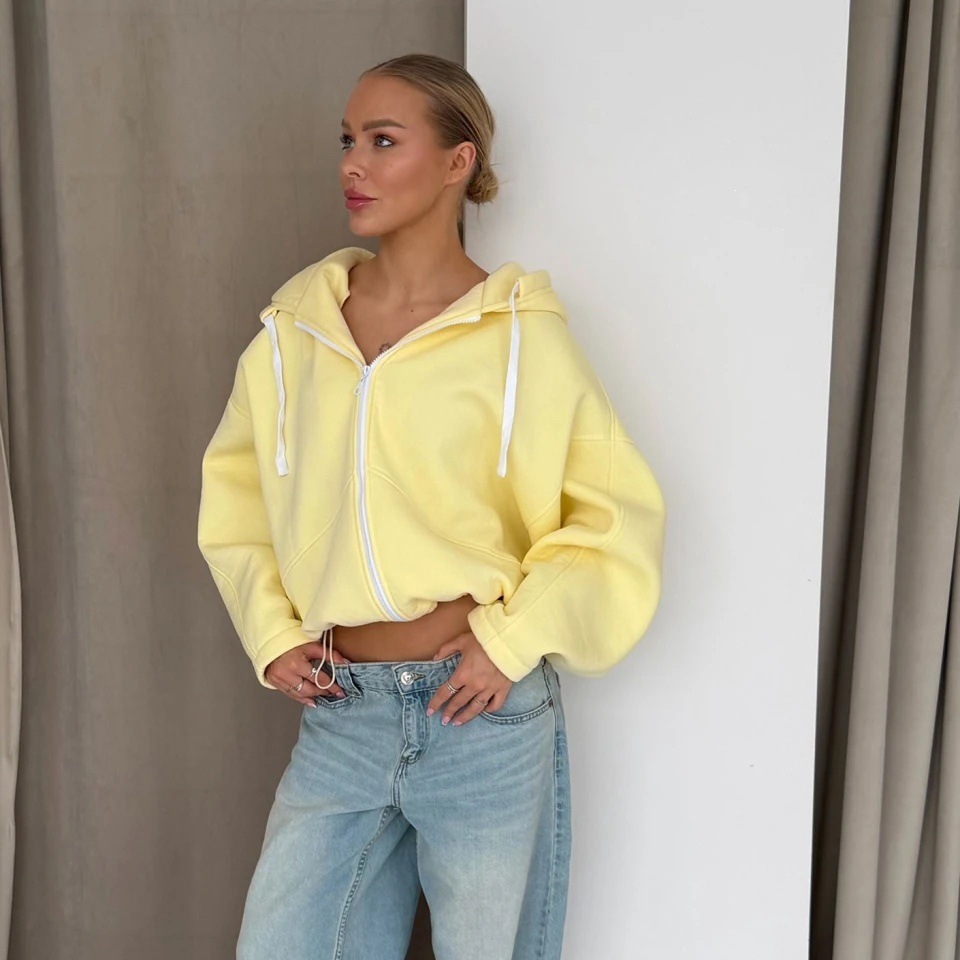 Women's Hooded Zip-Up Fleece Cardigan Sweatshirt Solid Color Long Sleeve Loose Fit Tie-Waist Short Crop Top