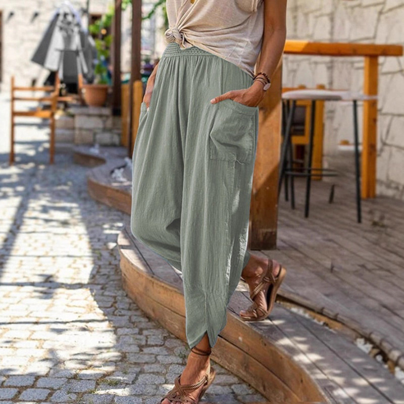 Women's Cotton Linen Wide Leg Harem Pants Casual Beach Trousers