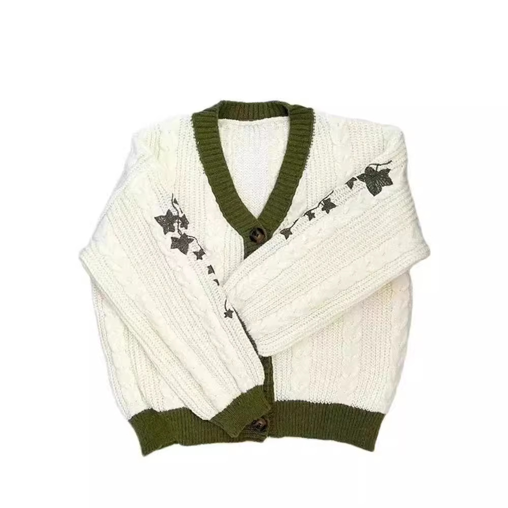 Leaf Embroidered Lantern Sleeve Cardigan Sweater