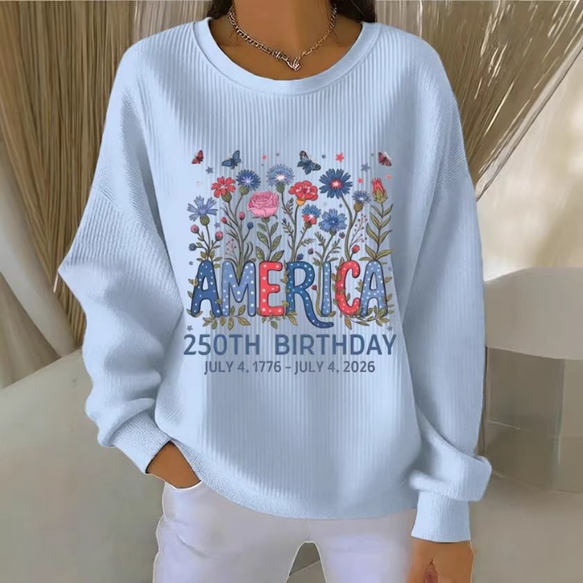 Women's Crewneck Sweatshirt with American Letter Star Flower Print