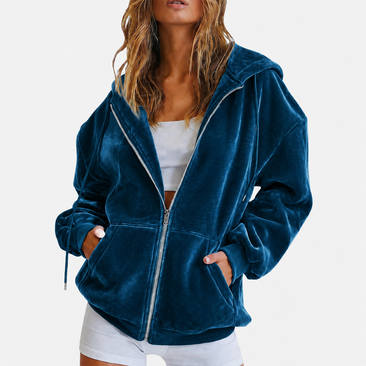 Velvet Zip-Up Hoodie Loose Fit Casual Jacket