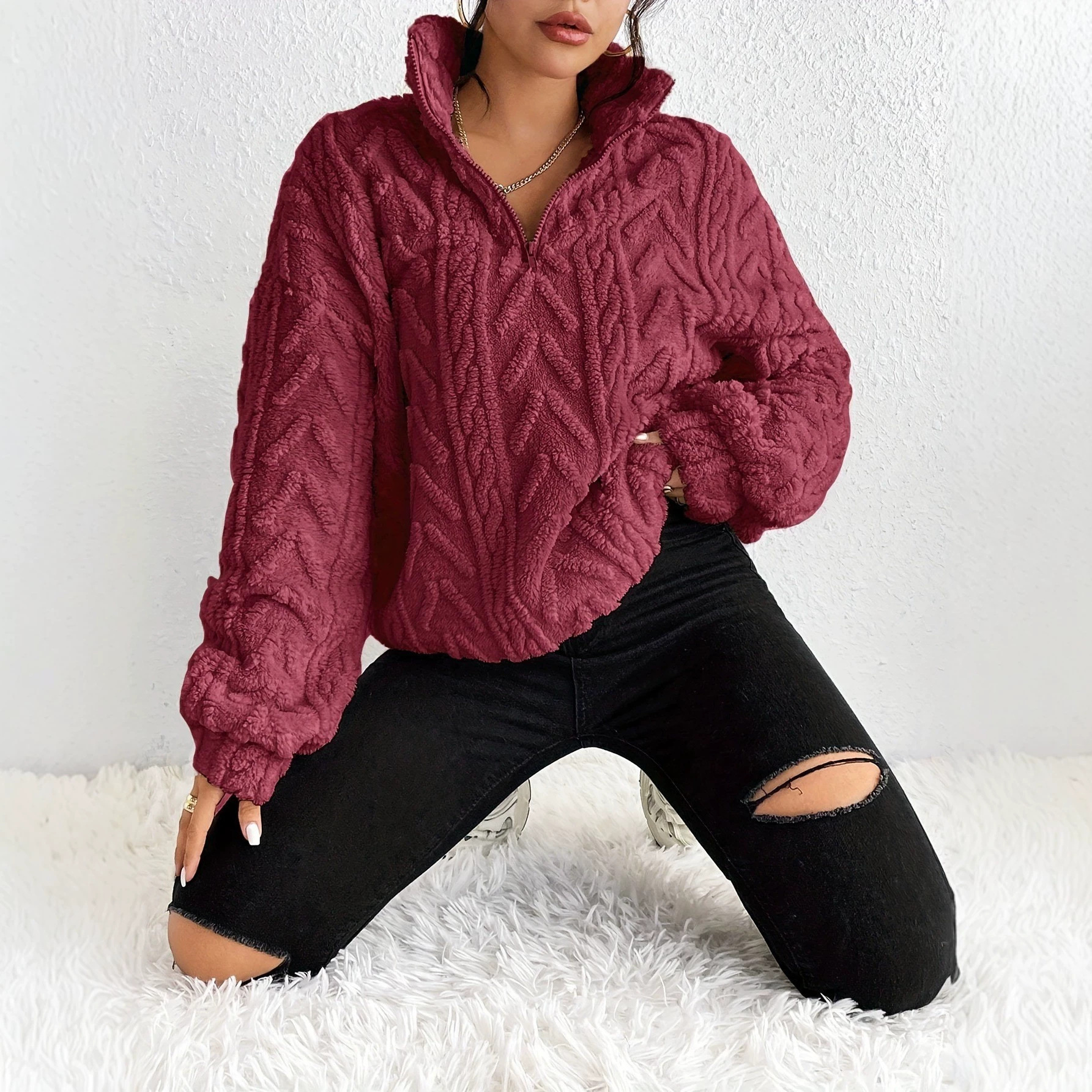 Women's Double-Sided Fleece Pullover Zip-Up Top