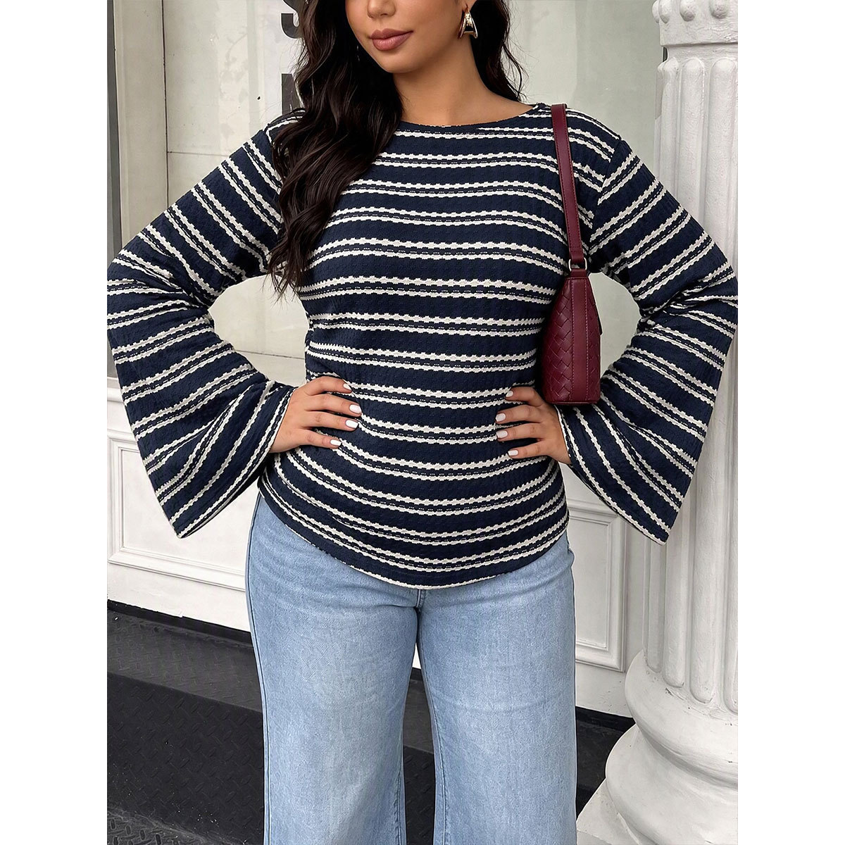 Women's Plus Size Striped Bell Sleeve Top Round Neck Loose Fit Long Sleeve Casual Tee