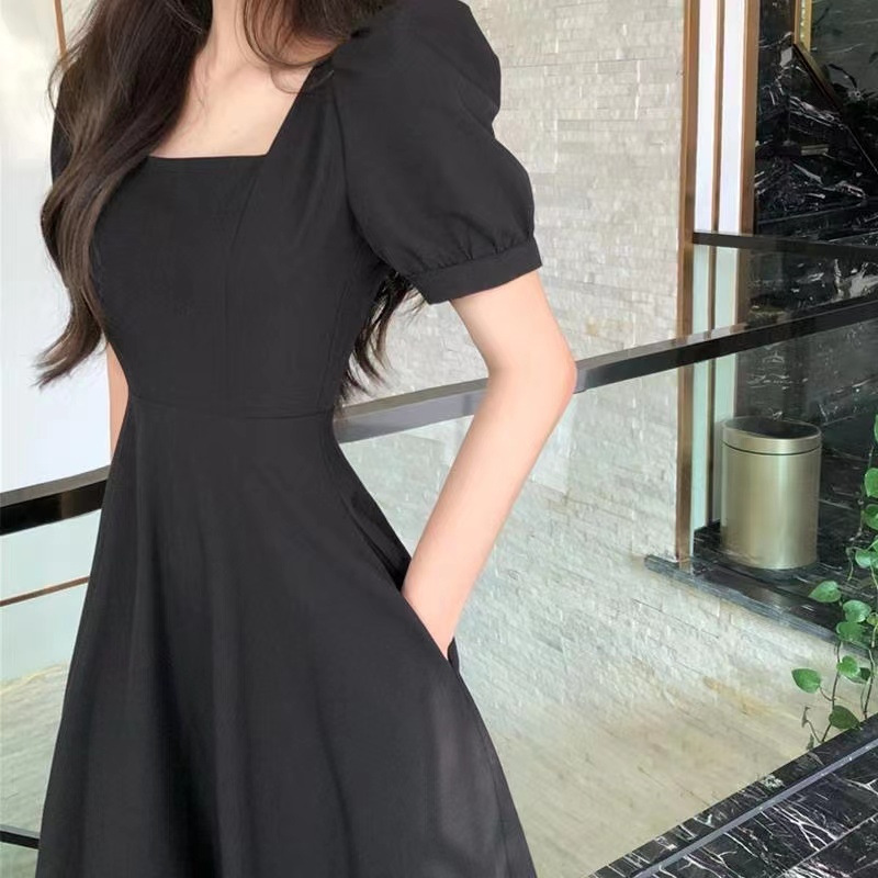 French Vintage Hepburn Style Midi Dress Square Neck Puff Sleeve A-Line