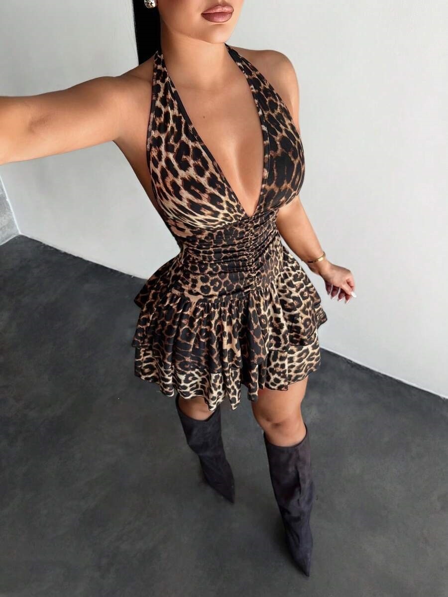 American Retro Leopard Print Backless Lace-Up Bodycon Mini Dress