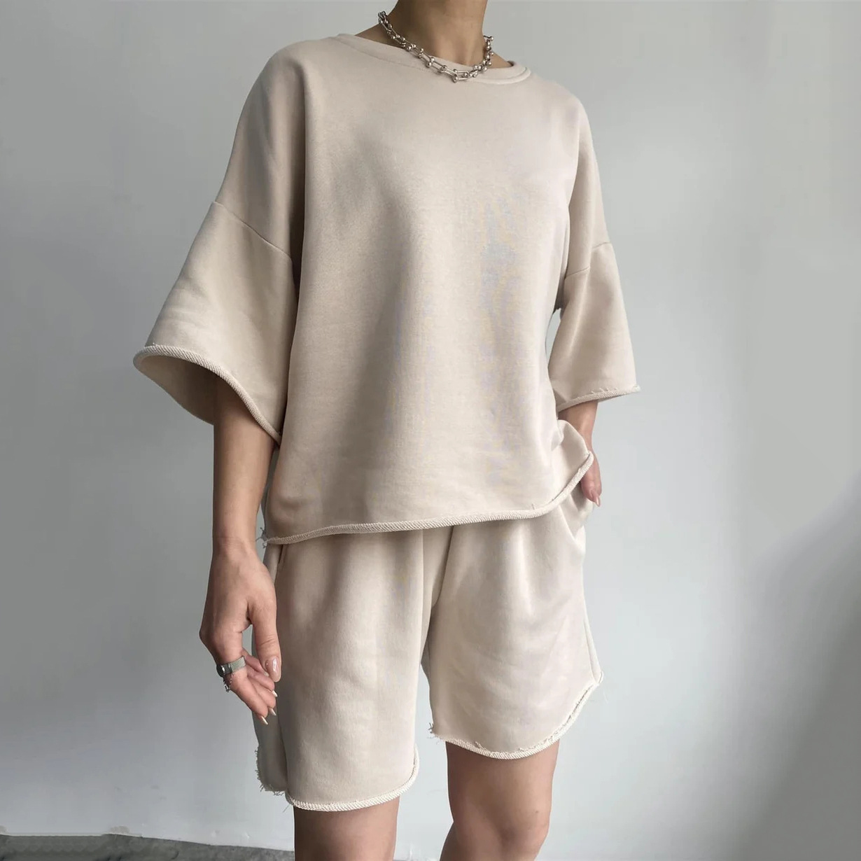 Women's Casual Two-Piece Set Short Sleeve Crew Neck Drawstring Shorts