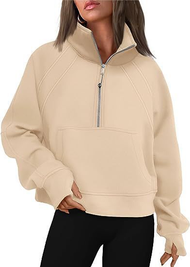 Women's Half-Zip Cropped Stand Collar Fleece-Lined Solid Hoodie