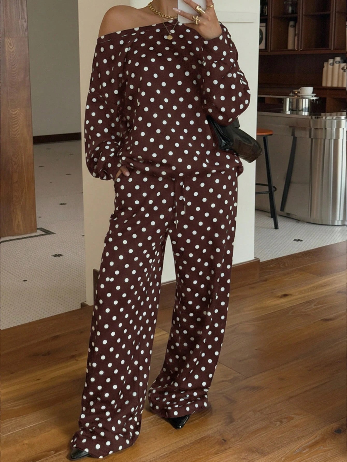 Women's Polka Dot Print One-Shoulder Long Sleeve Drawstring Pants Casual Set