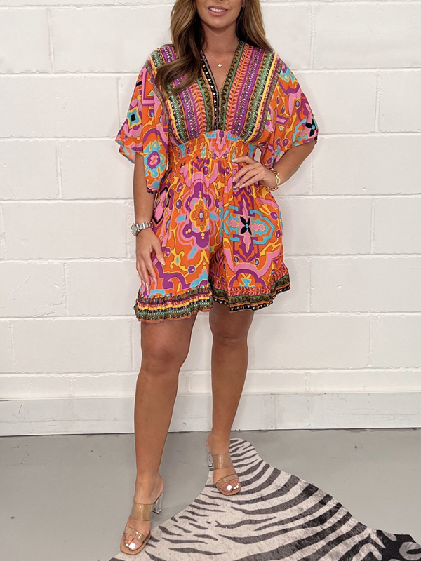Women's Ethnic Print V-Neck Short Sleeve Jumpsuit