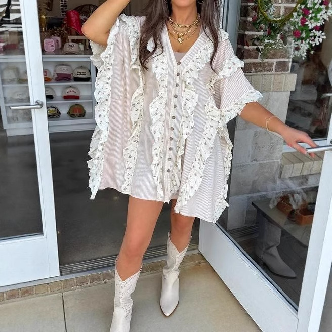 V-Neck Short Sleeve Digital Print Patchwork Dress Shirt