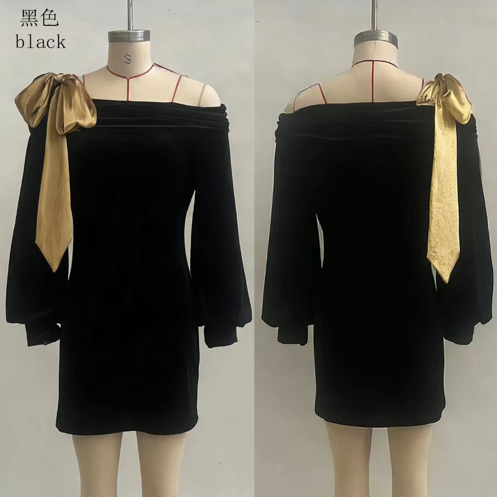 Women's Black Off-Shoulder A-Line Mini Dress with Lantern Sleeves