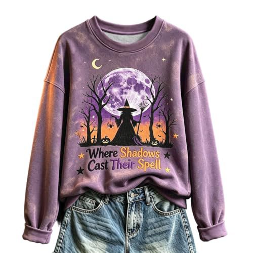 Halloween Witch Castle Print Crewneck Long Sleeve Pullover Sweatshirt