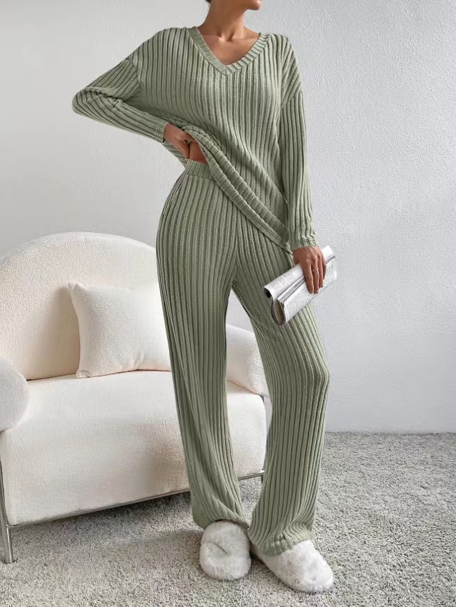 Women's Two-Piece Ribbed Knit Set V-Neck Top & Straight-Leg Pants