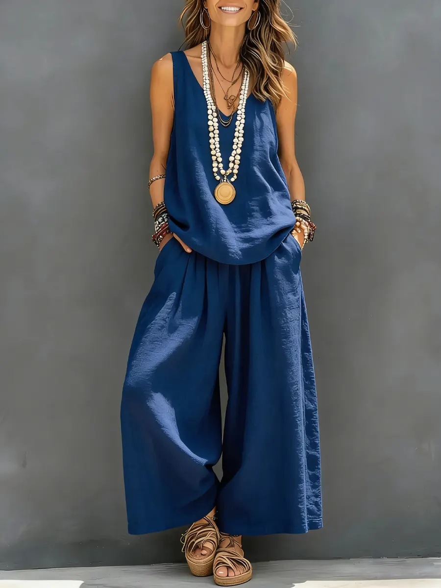 Solid V-Neck Sleeveless Tank Top Two-Piece Set