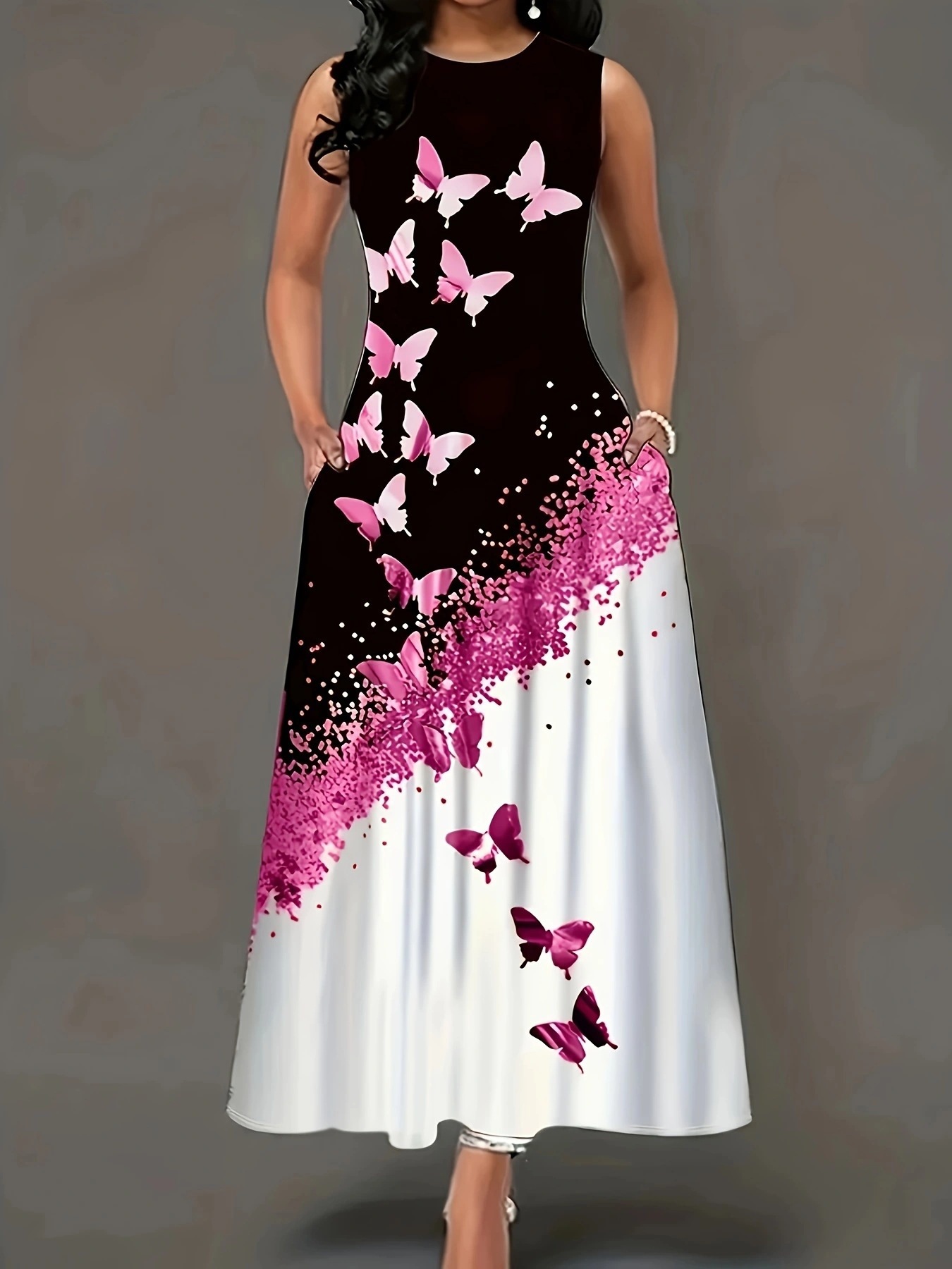 Butterfly Print Sleeveless A-Line Maxi Dress with Pockets