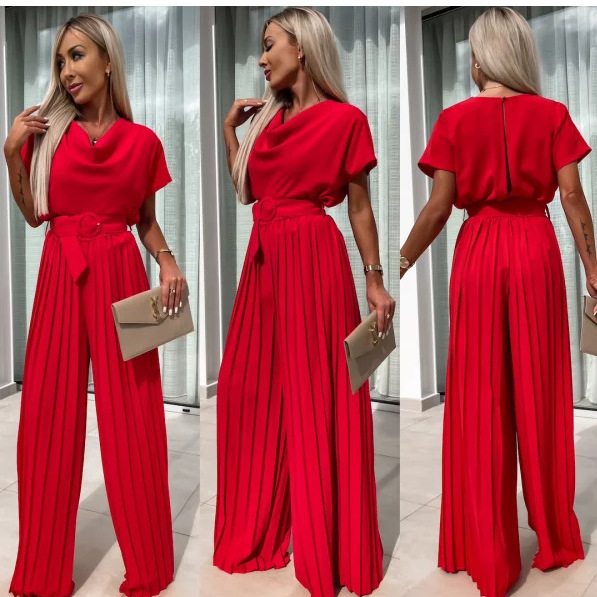Women's Loose Wide-Leg Pleated Jumpsuit with Belt Solid Color