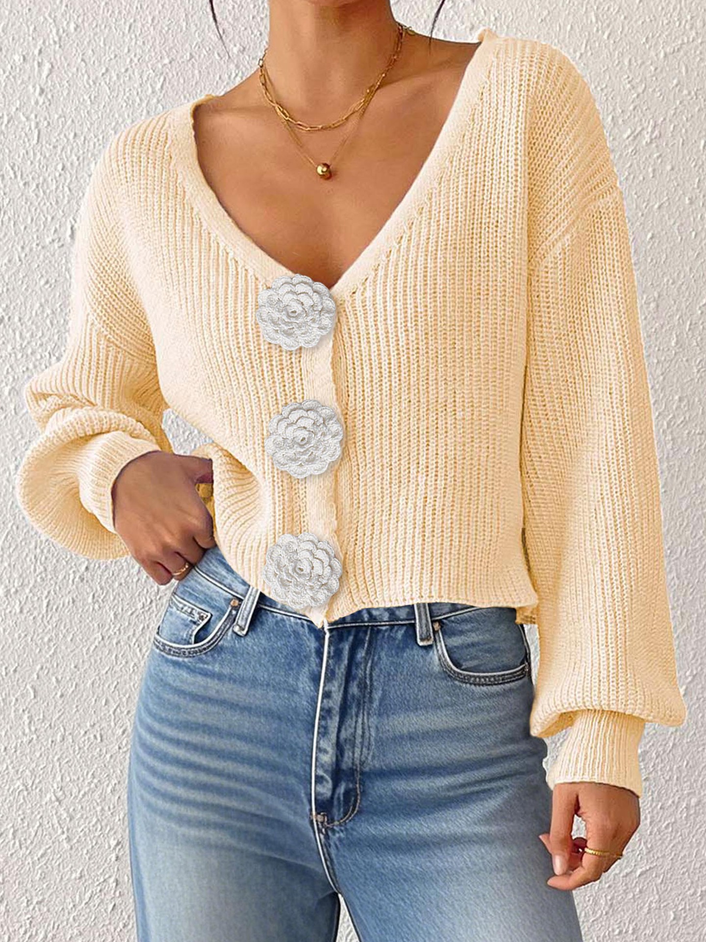 Women's Cropped Cardigan Sweater with Hand-Crocheted Floral Appliqué and Button Front