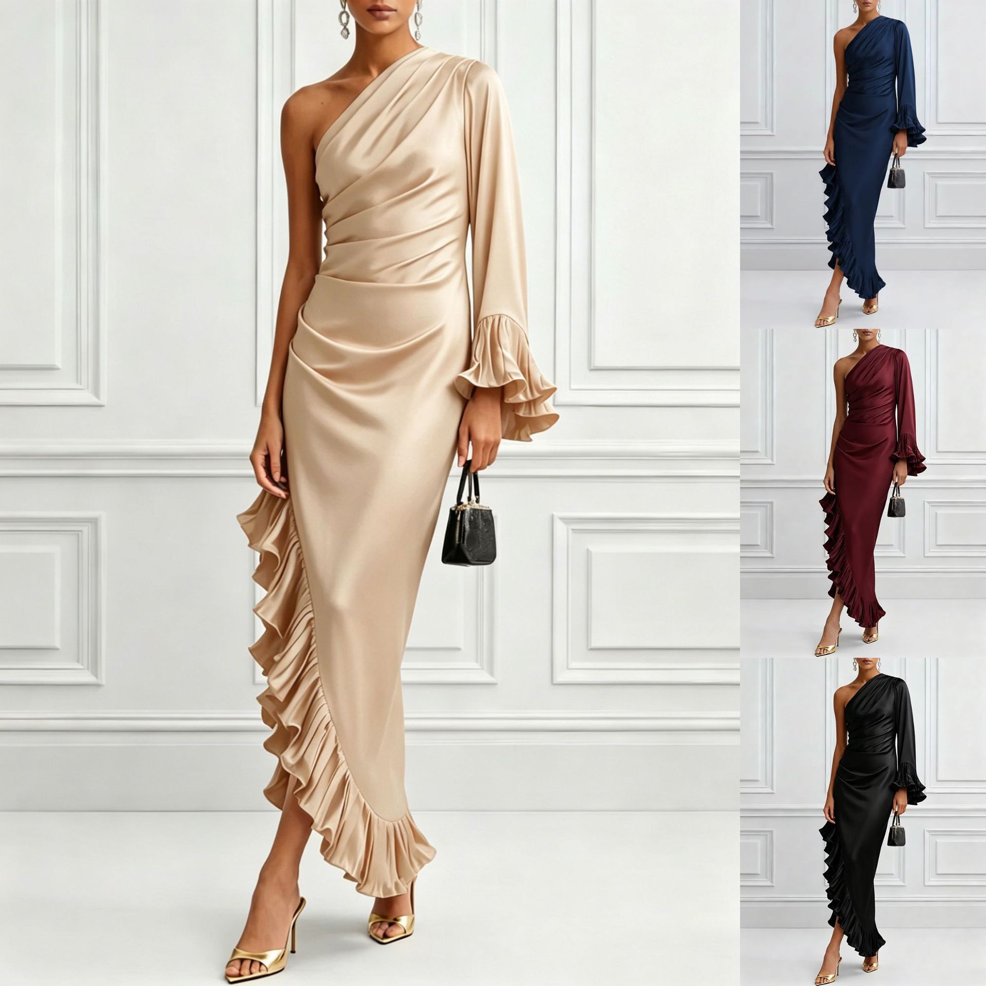 Solid Satin Off-Shoulder Ruched Asymmetrical Dress