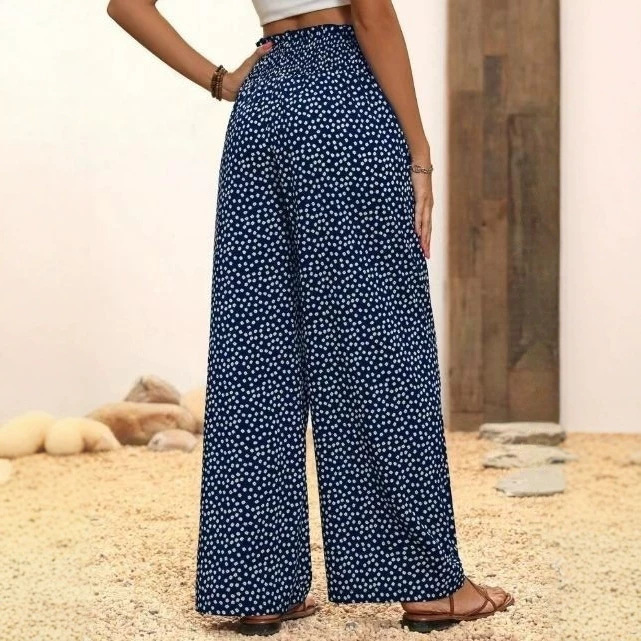 Boho Wide-Leg Pants with Polka Dot Print and Elastic Waist