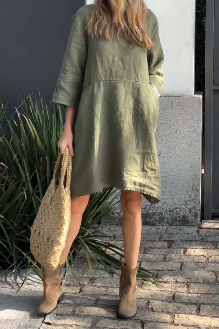 Women's Cute Solid Color Loose Casual Cotton Linen Dress with Pockets