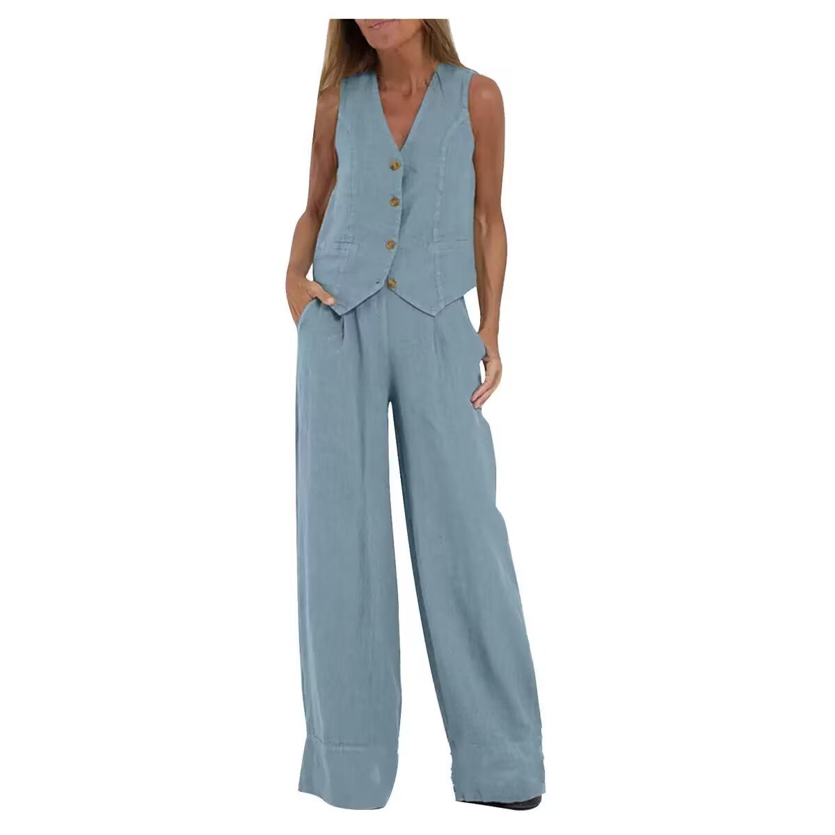 Women's Sleeveless Vest & Pants Set Cotton Linen Patchwork Casual