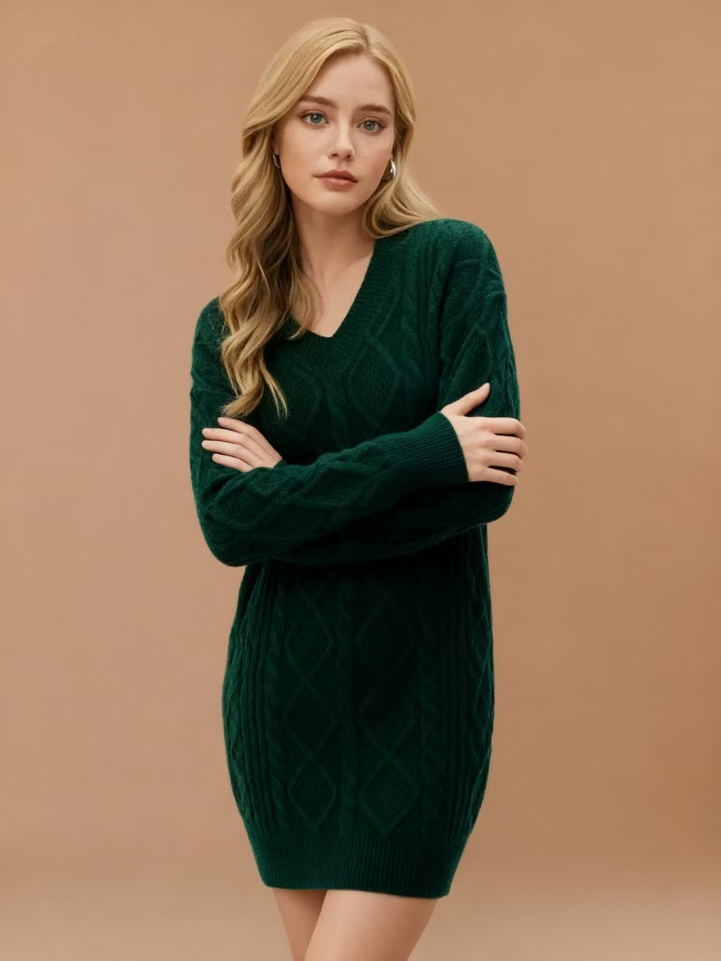 V-Neck Cable-Knit Midi Sweater Dress Solid Color