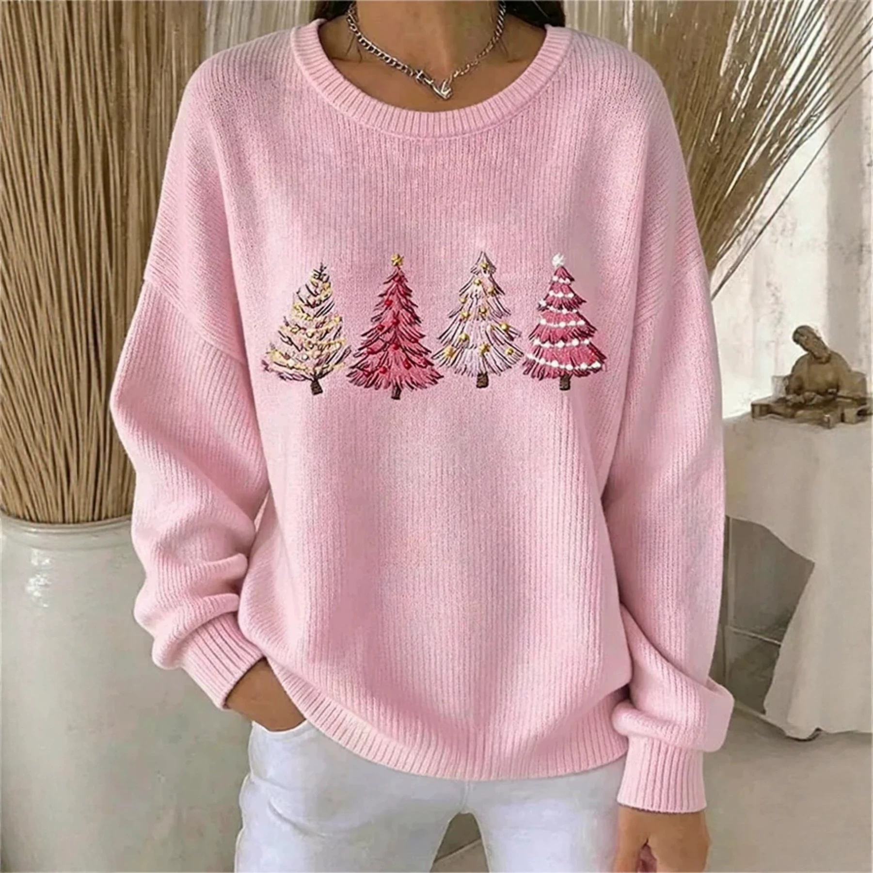 Forest Tree Print Crewneck Long Sleeve Pullover Sweatshirt