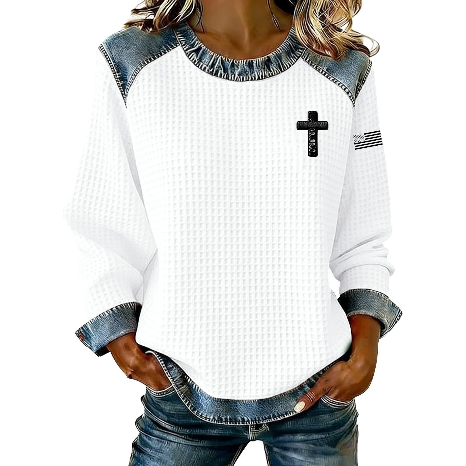 Women's Cross Print Crewneck Pullover Sweatshirt