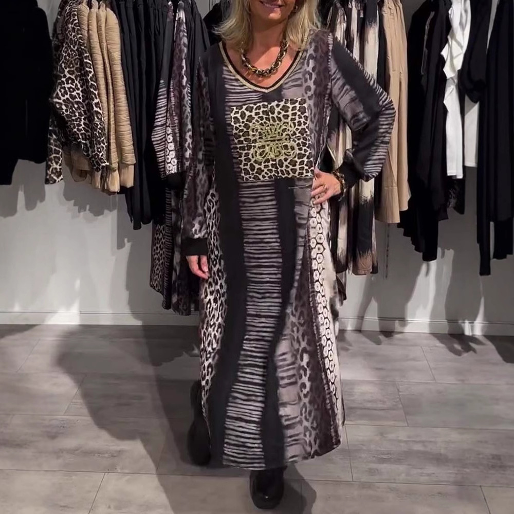 Leopard Print Colorblock V-Neck Long Sleeve Maxi Dress