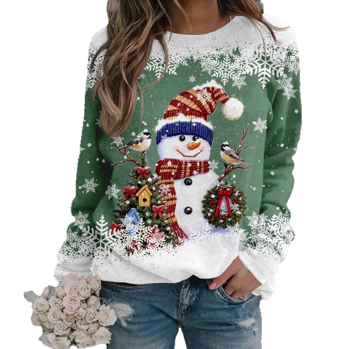 Women's Christmas Snowman Snowflake Print Crewneck Sweatshirt