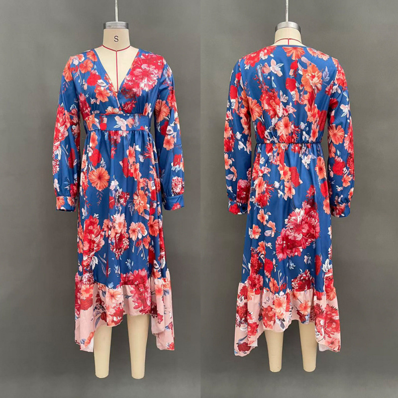 Floral Print High-Waist A-Line Midi Dress with V-Neck and Puff Sleeves