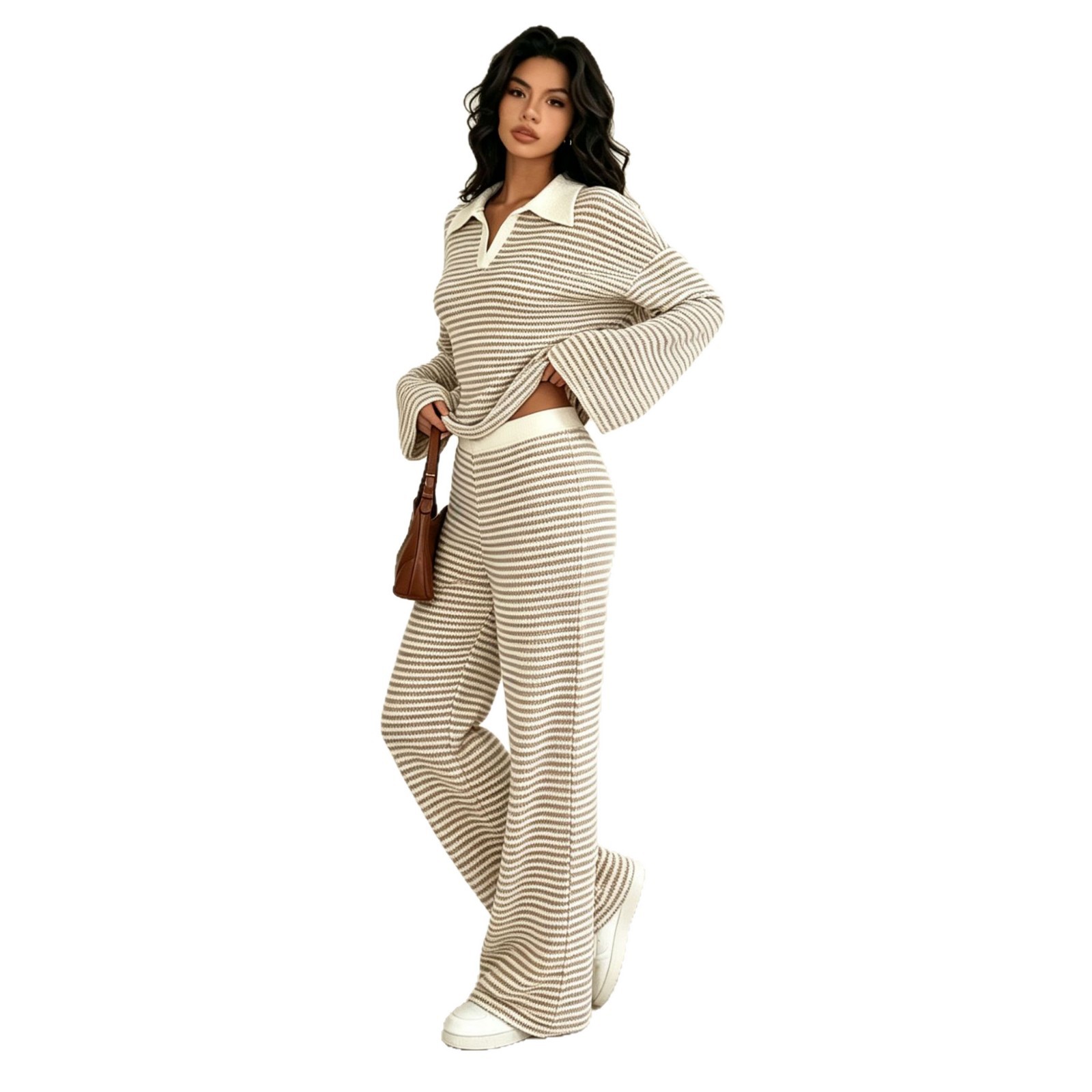 Striped Textured Polo Long Sleeve Top & High-Waist Wide-Leg Pants Set