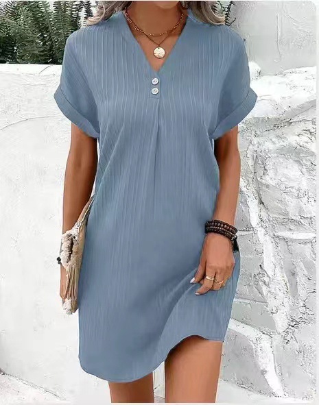 V-Neck Solid Button A-Line Midi Dress Short Sleeve Casual