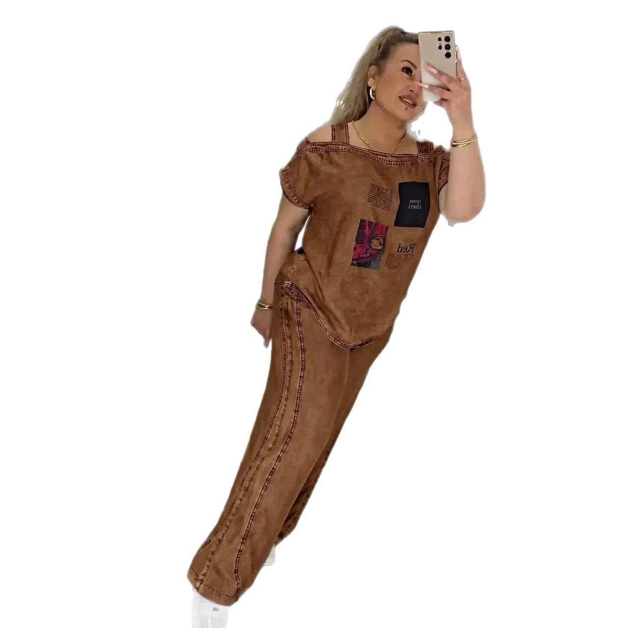 Women's Off-Shoulder Short-Sleeve Top & Wide-Leg Pants Set with Vintage Print