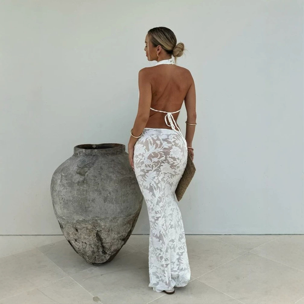 Women's Sexy Lace Backless Two-Piece Skirt Set Sleeveless Long Skirt