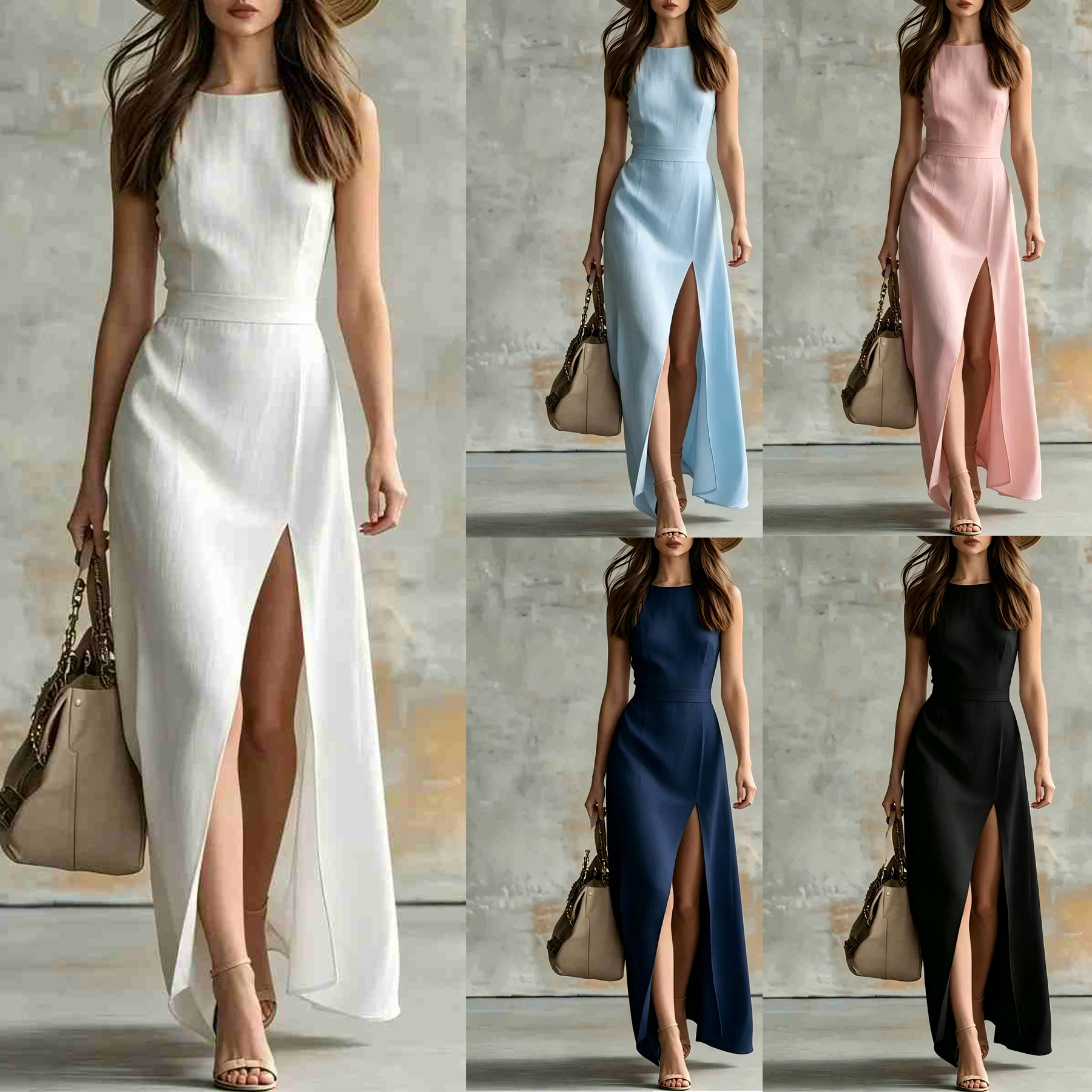 Women's Sleeveless Crew Neck Cotton-Linen Dress with Side Slit
